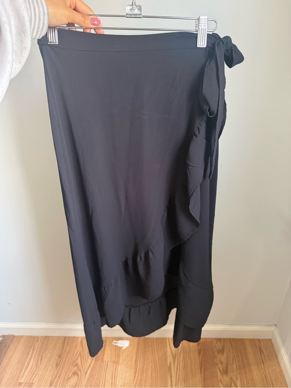 Black Wrap Midi Skirt with Ruffle Detail
